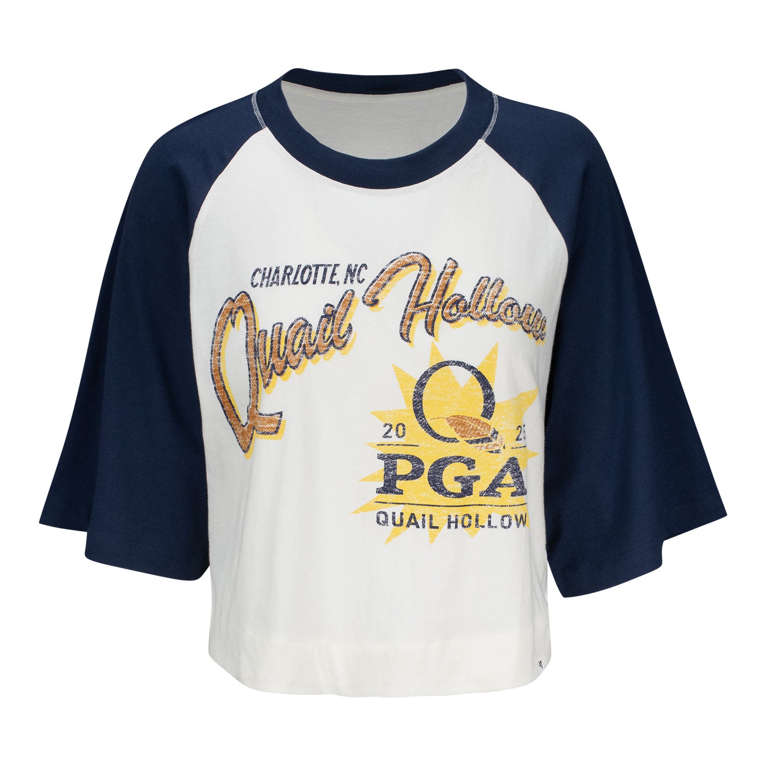 '47 Brand 2025 PGA Championship Women's Flare Raglan Crop T-Shirt in Sandstone and Atlas Blue