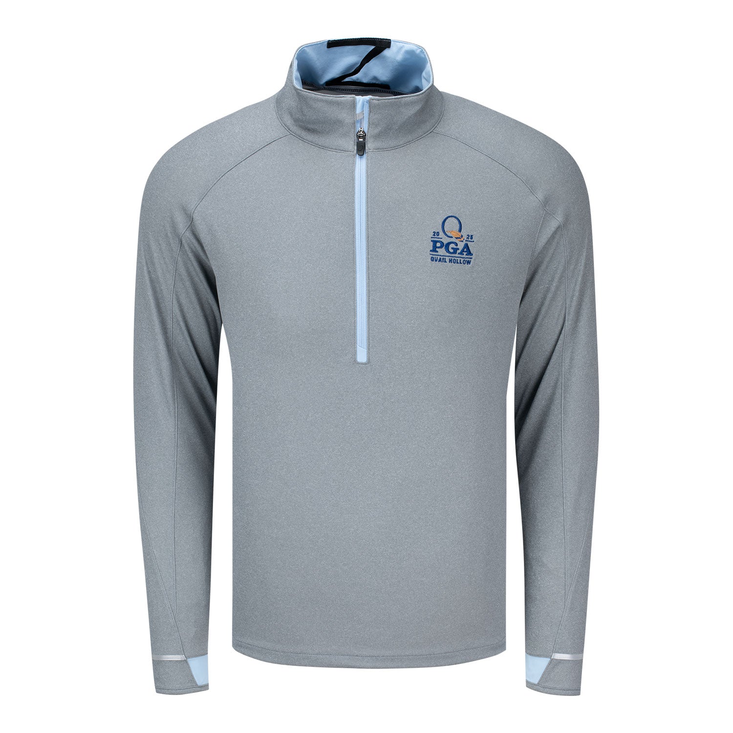 Zero Restriction 2025 PGA Championship Performance Melange Quarter Zip in Heather Grey and Sky Blue 1 Zero Restriction 2025 PGA Championship Performance Melange Quarter Zip in Heather Grey and Sky Blue