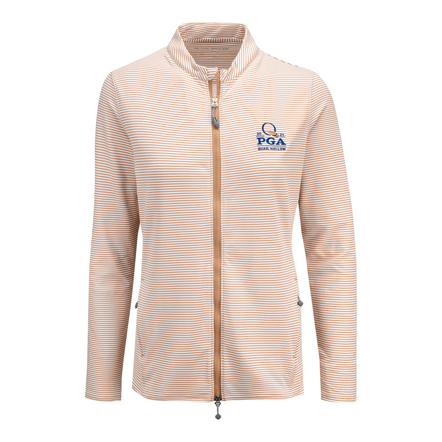 Peter Millar 2025 PGA Championship Women's Vista Katy Stripe Full Zip in Camel and Ivory 1 Peter Millar 2025 PGA Championship Women's Vista Katy Stripe Full Zip in Camel and Ivory